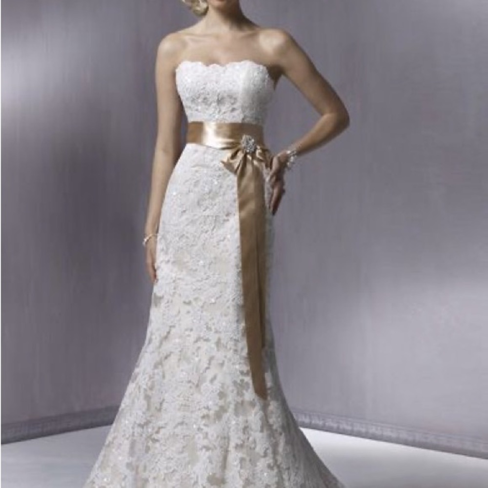 Elegant Strapless Lace Dress with Gold Sash